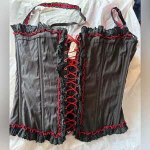 HIPS & CURVES 100%cotton Chic Black Corset with Red Lace Trim size 2x